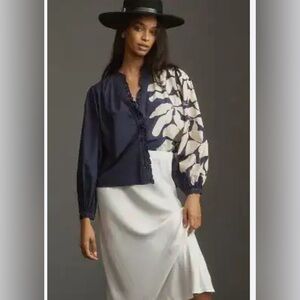 Anthropologie Forever That Girl Printed Ruffle Buttondown Blouse navy blue $199